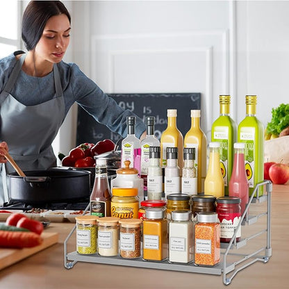 RCHYFEED 4 Tier Spice Rack Organizer, Spice Organization for Cabinet,Pantry, Countertop,Tiered Spice Rack Easy Visibility,Depth Expandable Seasoning Shelf for Kitchen Cabinet Organizer,Silver
