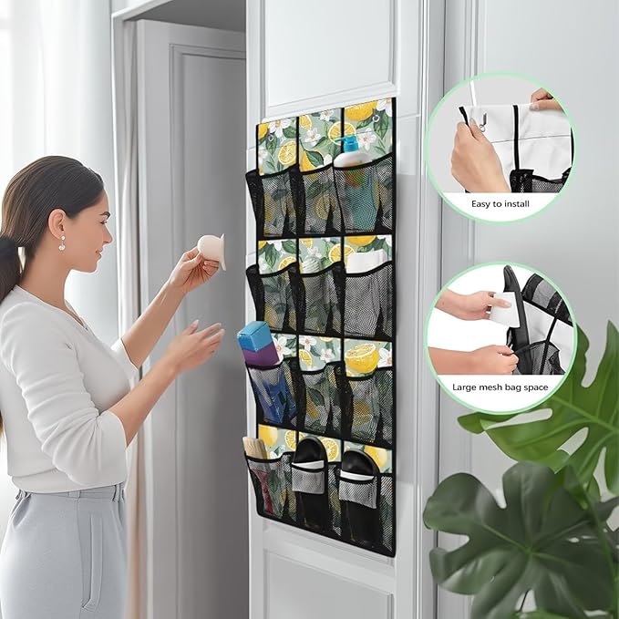 Lemon Print Over the Door Shoe Organizer,Behind Door Shoes Hang Holder Rack,Hanging Shoe Storage Hanging Bag Space Saver
