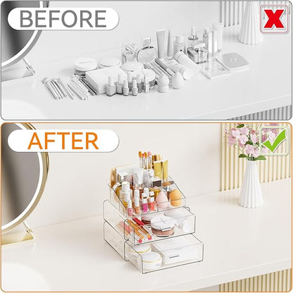 Yieach 3 Tier Clear Acrylic Makeup Organizers with Drawers,Tiered Countertop Make up Storage Organizer for Dresser Top and Bathroom Vanity,Plastic Makeup Stand for Brush,Skincare,Beauty Organizers