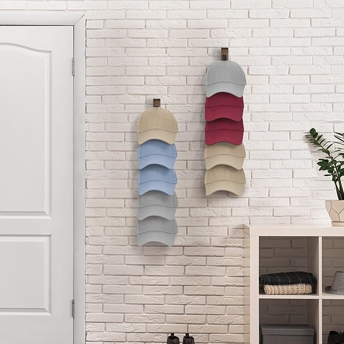 Hat Rack for Wall Baseball Cap Organizer Hanger (2 Pack) Modern Wooden Hat Holder Wall-Mounted Caps Display for Closet Door Bedroom Entryroom Laundry (Brown) …