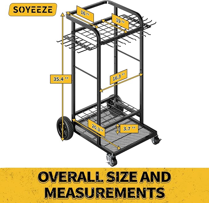 SOYEEZE Garden Tool Organizer with Large Wheels, Heavy Duty 3-Tier Yard Tower Tool Rack for Garage, Holds Up to 35 Long-Handled Tools, Garden Tool Cart with 12 Hooks for Tool Organization Storage