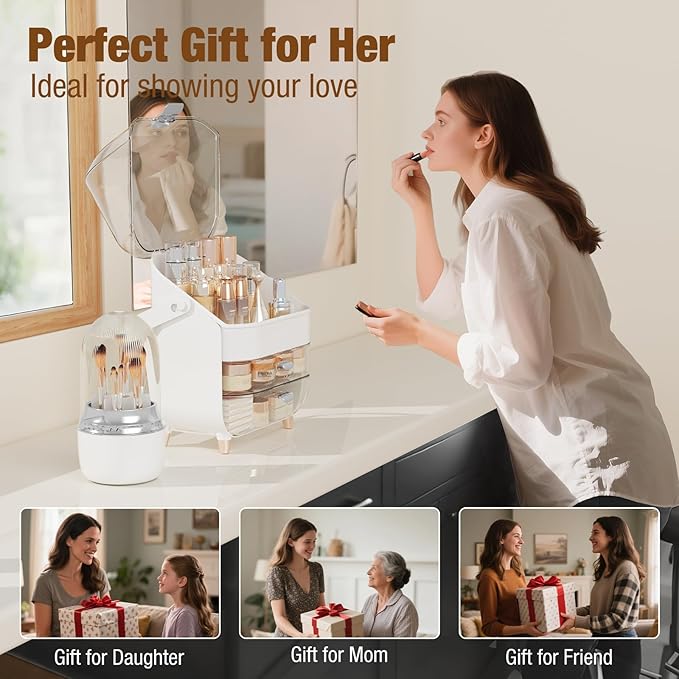 Makeup Organizer Countertop & 360° Rotating Makeup Brush Holder, Skincare Holder with Lid and Drawers, Storage Box Cosmetic Display Cases, Teen Girl Gifts, Vanity, Bathroom Counter, Silver
