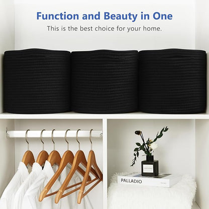 ECDYQXVU Cotton Rope Storage Basket, 15x10x9 Inches, Woven Basket for Shelves, Clothes, Towels, Books, and Laundry, Black (1 Pack)