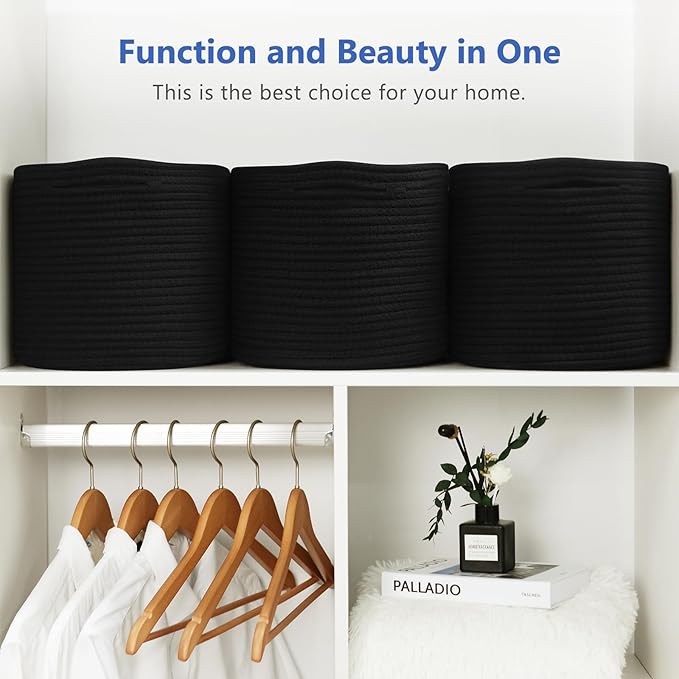 ECDYQXVU Cotton Rope Storage Basket, 15x10x9 Inches, Woven Basket for Shelves, Clothes, Towels, Books, and Laundry, Black (3 Pack)