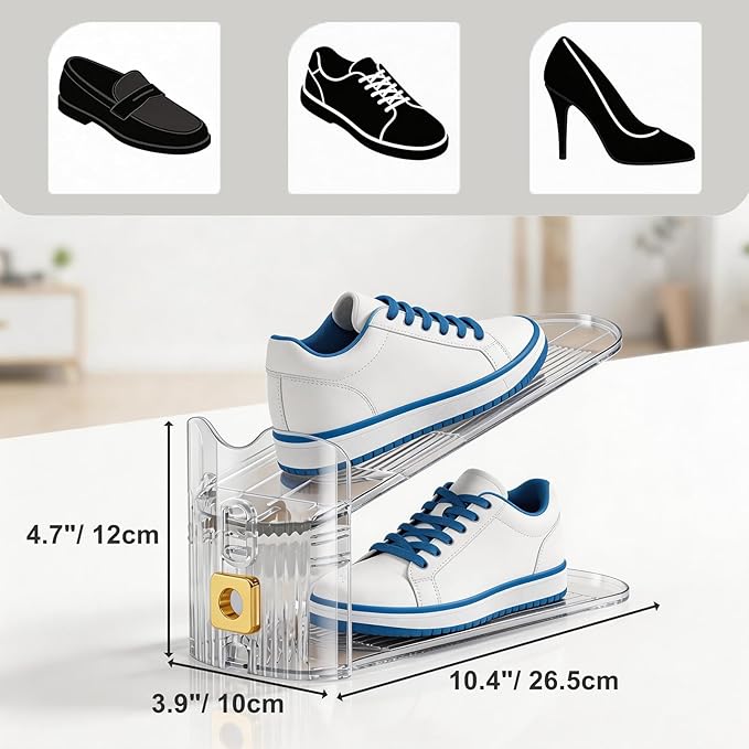 FUSHITON Shoe Organizer for Closet, Stackable Shoe Rack with 3 Adjustable Heights, Double Layer Space Saving Clear Holder for Small Apartment and Dorm Room, 10 Pack