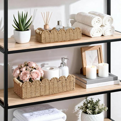 Dahey 2 Pcs Toilet Paper Storage Basket for Bathroom Woven Paper Rope Scalloped Edge Toilet Tank Basket with Handles for Organizing Over Toilet Storage Shelf Countertop Living Room Bedroom Home Decor