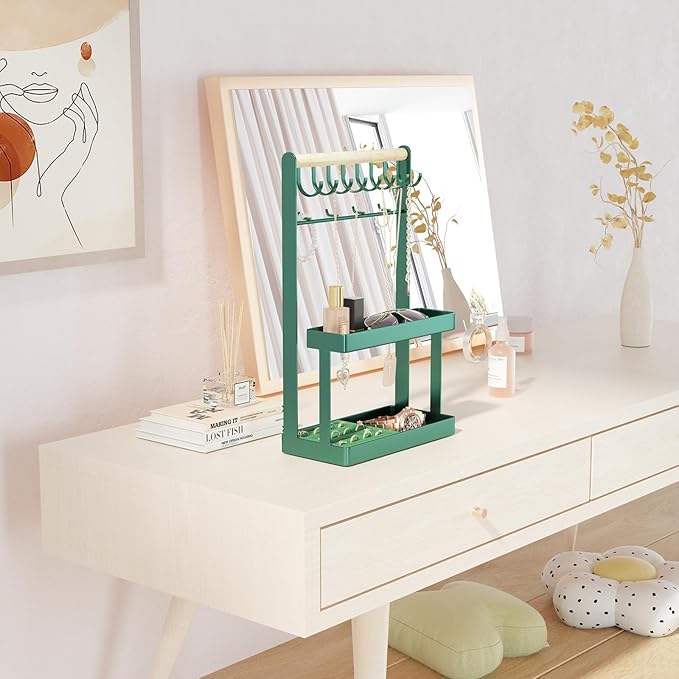 Lolalet 4-Tier Jewelry Organizer Stand with 12 Hooks, Necklace Bracelet Ring & Sunglasses Holder, Cute Metal Jewelry Storage Rack for Vanity, Dresser or Entryway, No Assembly -Green