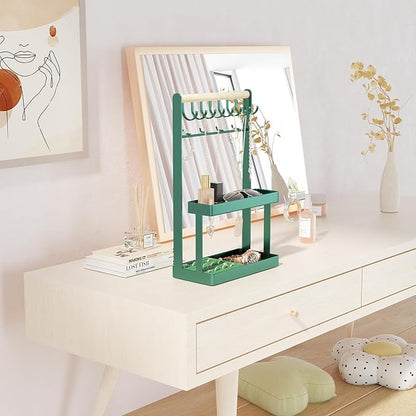 Lolalet 4-Tier Jewelry Organizer Stand with 12 Hooks, Necklace Bracelet Ring & Sunglasses Holder, Cute Metal Jewelry Storage Rack for Vanity, Dresser or Entryway, No Assembly -Green