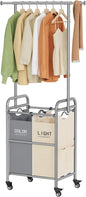 Tajsoon Laundry Sorter with Hanging Rack, 2 Section Rolling Laundry Hamper with Lockable Wheels and Removable Bag, Beige & Gray