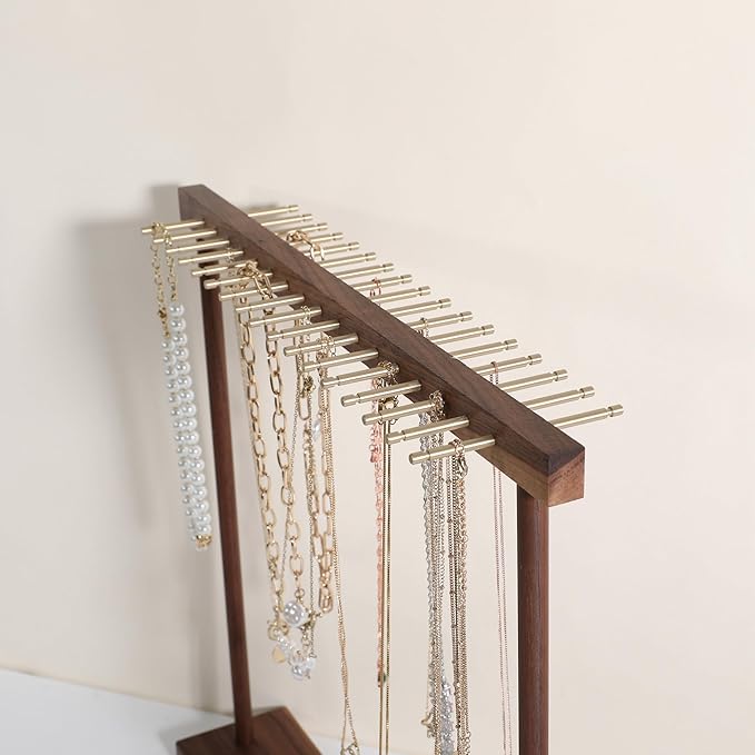 Large necklace hanger shelf with 17 copper bars, Wooden jewelry storage organizer rack for hanger necklace bracelet, necklace display stand for boutique store【Walnut】