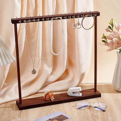 HOBBIESAY1Set Jewelry Display Stand Wood Necklace Holder with 36pcs Metal Hooks Coconut Jewelrys Organizer Hanger Jewelry Accessory Stand for Hanging Necklace Bracelet Watchs 15.75×0.94~2.95×0.67 IN