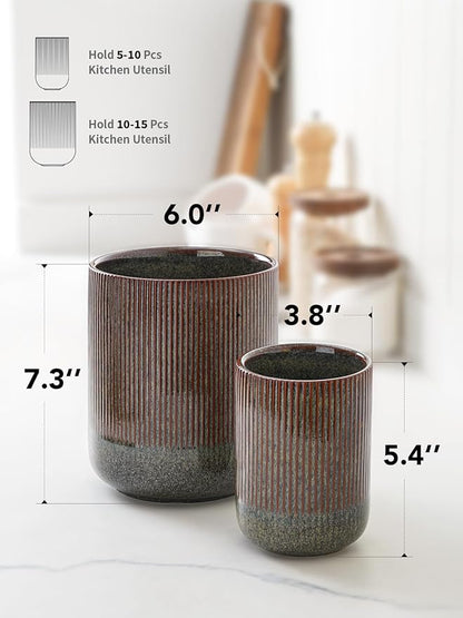 LE TAUCI Utensil Holder for Kitchen Counter, 7.3"+5.4" Fluted Ceramic Utensil Crock Organizer for Countertop, Heavy Large Holder for Spatulas, Spoons, Set of 2, Olive Brown Marble