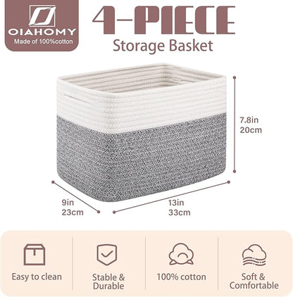 OIAHOMY 4 Pack Storage Baskets for Organizing, Basket for Shelves with Handle, Woven Baskets for Storage Toys, Towels, Books, Cotton Rope Basket 13" L x 9 " W x 7.8 " H, Grey & White
