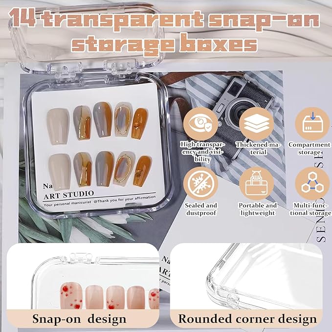 Press on nail storage 14 PCS Acrylic Nail Storage Box - Portable Versatile Organizer for Press - On Nails, Jewelry and More with 60 Pcs Adhesive Double Sided Tape