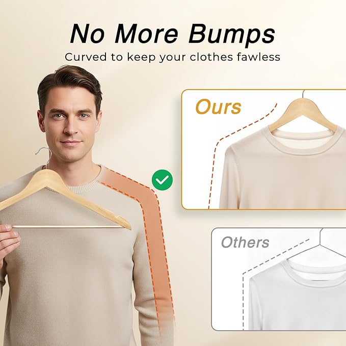 HOUSE DAY Slim Wooden Hangers 10 Pack, Solid Wood Hanger with Non Slip Shoulder Notches & Pant Bar, Smooth Finish Wood Clothes Hangers for Shirts, Suits, Jackets, Natural