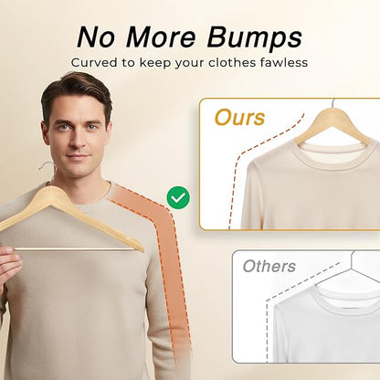 HOUSE DAY Slim Wooden Hangers 10 Pack, Solid Wood Hanger with Non Slip Shoulder Notches & Pant Bar, Smooth Finish Wood Clothes Hangers for Shirts, Suits, Jackets, Natural