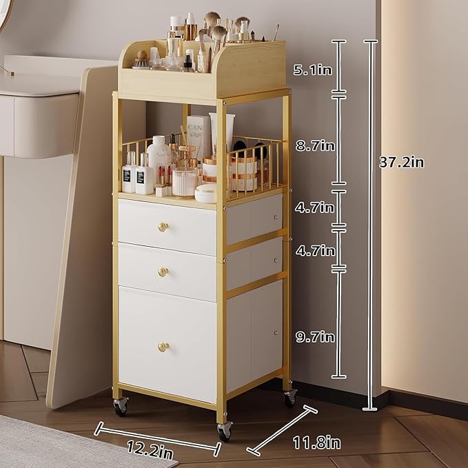 Makeup Organizer Cart with Drawers, Floor Skincare Organizers Make Up Organizers-Vanity Organizer Cosmetic Display Cases Holder for Skin Care Perfume Nail Polish Brush Hair Tool（Gold）