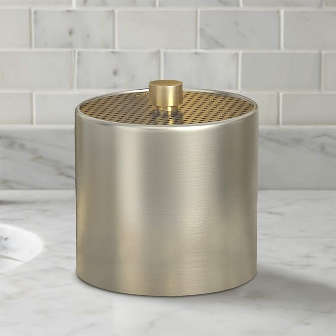 nu steel Selma Decorative Steel Bathroom Vanity Countertop Storage Organizer Canister Jar for Cotton Swabs, Rounds, Balls, Makeup Sponges, Bath Salts - Pewter & Gold Finish