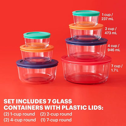 Pyrex Simply Store (7-Pack) Glass Food Storage Containers Set, (1, 2, 4 & 7 Cup) Meal Prep Containers With Plastic BPA-Free Lids, Dishwasher & Microwave Safe