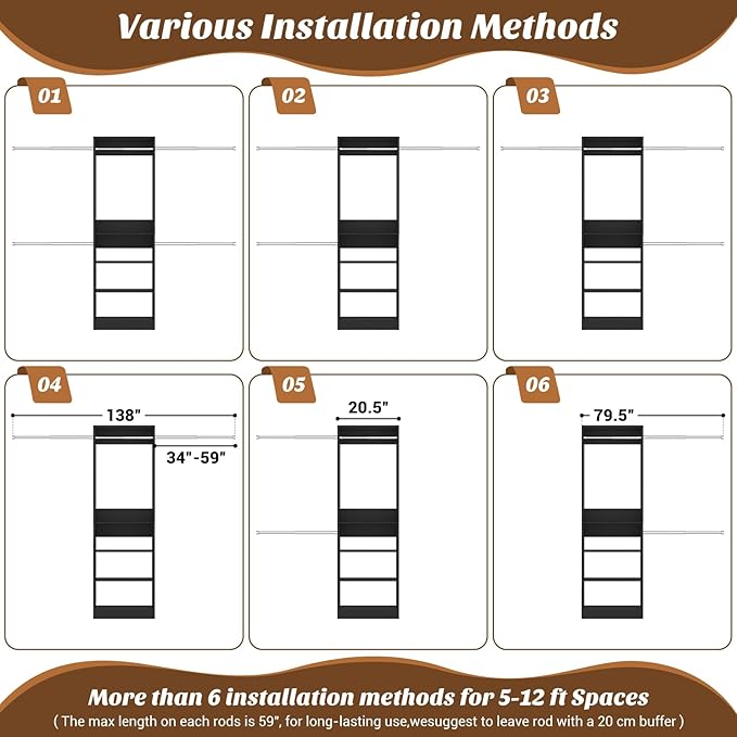 12FT Large Open Closet System, 138'' Wall-Mounted Closet Shelving with 5 Hanging Rods and 6 Shelves, Customizable Wardrobe for Walk-In Closets, Fits 5–12FT Spaces, Black