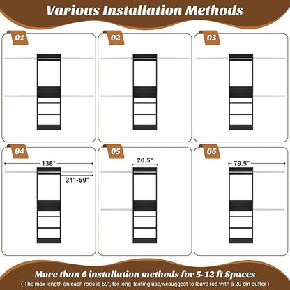 12FT Large Open Closet System, 138'' Wall-Mounted Closet Shelving with 5 Hanging Rods and 6 Shelves, Customizable Wardrobe for Walk-In Closets, Fits 5–12FT Spaces, Black