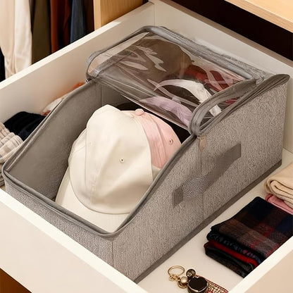 Stackable Hat Storage for Baseball Caps Clear Window Lid Large Space-Saving Hat Organizer for Closet, RV,Clothing Shelf, Sturdy Snapback Boxes Made of Breathable Fabric