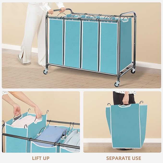 STORAGE MANIAC Laundry Sorter 4 Section, 47.8 Gal (181 L) Laundry Hamper with Wheels, Clothes Divider Basket Sorter, Clothes Separator Hamper Cart with Wheels and Removable Bags, Blue