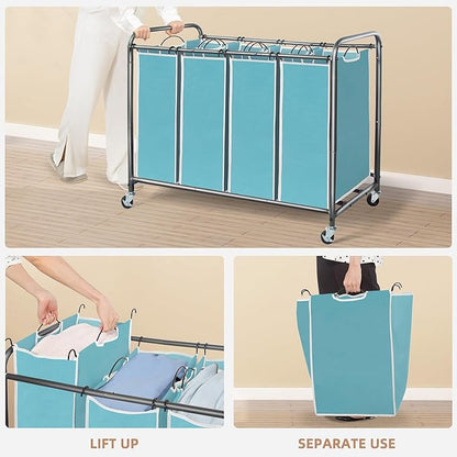 STORAGE MANIAC Laundry Sorter 4 Section, 47.8 Gal (181 L) Laundry Hamper with Wheels, Clothes Divider Basket Sorter, Clothes Separator Hamper Cart with Wheels and Removable Bags, Blue