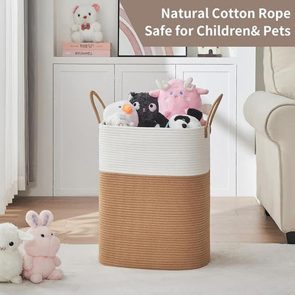 AINUOQI Laundry Basket with Handles - Blanket Basket & Hampers for Bedroom Aesthetic, Laundry Hamper & Blanket Storage for Living Room, Clothes Hamper, Tall, Large 17" x 14" x 22”, White & Jute