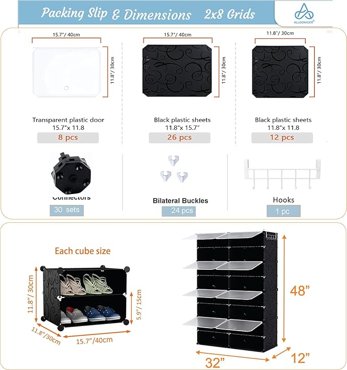 Patented Shoe Racks Organizers Shelves, Floor-Standing, Wall Hanging, Sturdy and extendable. Easy DIY Assembly, for Door Entrance, Closet, and Workplace (2x8Grid, Translucent & Black)