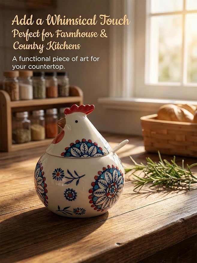 Ceramic Salt Cellar with Lid and Spoon 13oz Large Chicken Rooster Cookie Jar Salt Containers Holder for Counter, Coffee, Sugar, Spices and Candies Holder Ideal for Easter Day Home Kitchen Decor (Blue)