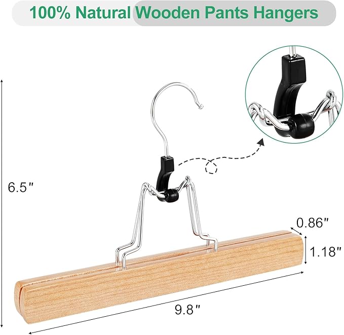 TOPIA HANGER 12 Pack Wooden Pants Hangers, Hair Extension Hangers Non Slip Skirt Hanger Wood Clamp with Velvet Padded 360° Swivel Hook for Jeans, Skirts, Trousers, Wigs Natural CT67N