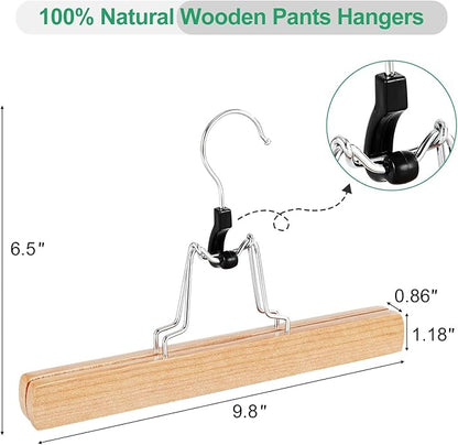 TOPIA HANGER 12 Pack Wooden Pants Hangers, Hair Extension Hangers Non Slip Skirt Hanger Wood Clamp with Velvet Padded 360° Swivel Hook for Jeans, Skirts, Trousers, Wigs Natural CT67N