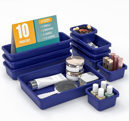 10 PCS Drawer Organizer Set, 4 Size Makeup Drawer Divider Organizer With Non-Slip Pads, Interlocking Plastic Storage Bins for Office,Jewelry Vanity,Gadgets, Bathroom,Kitchen, Navy