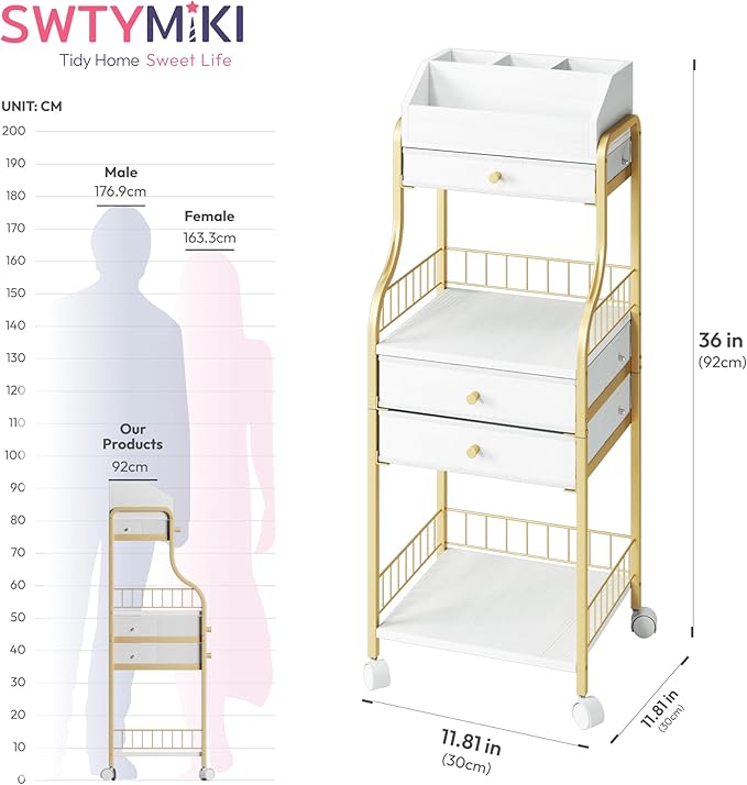 SWTYMIKI Rolling Makeup Organizer Cart - Floor Skincare Storage with Non-woven Drawers, Vanity Organizer Cosmetic Display Cases with Wheels, Cabinet for Skin Care Perfume Nail Polish Brush Hair Tool
