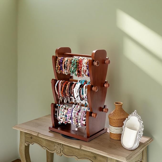 Two-Sided Rotating Wooden Jewelry Bracelet Holder Stand – 3-Tier Display with 6 Removable Bars for Bracelets, Bangles, Watches & Accessories – Brown Wooden Organizer for Home or Retail Showcase