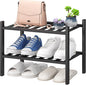 viewcare Black Small Shoe Rack for Entryway,2-Tier Bamboo Shoe Organizer for Hallway Closet, Free Standing Shoe Racks for Indoor Outdoor