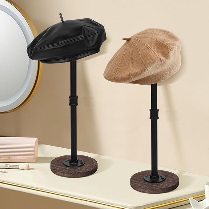 2 Pcs Tabletop Hat Stand Cap with Height Adjustment, Industrial Metal Pipe Rustic Burnt Wood Hat Rack, Wig Rack or Jewelry Display Riser