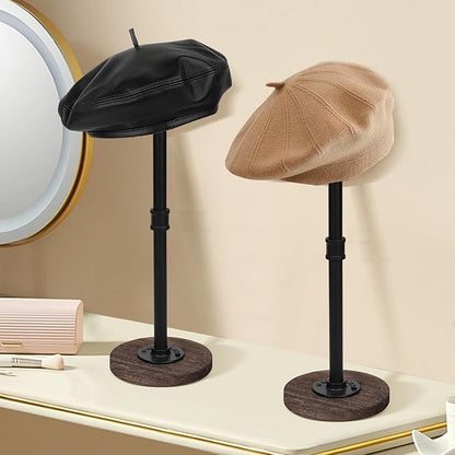 2 Pcs Tabletop Hat Stand Cap with Height Adjustment, Industrial Metal Pipe Rustic Burnt Wood Hat Rack, Wig Rack or Jewelry Display Riser