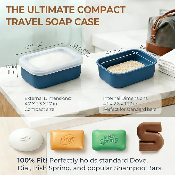AIMAIAIMAI Compact Leakproof Silicone Travel Soap Case, Portable Soap Container with Drainage Layer - 2026 Travel Essentials for Camping, Gym & Shower (Blue)