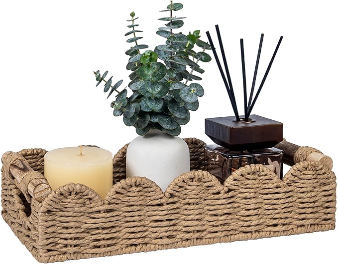 CubesLand Bathroom Basket Organizer w/Cut Out Handle, Back of Toilet Paper Storage Baskets for Bathroom Countertop Decorative, Small Scalloped Wicker Basket Also for Home Decor, Living Room, Neutral