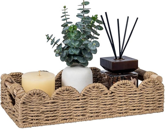 CubesLand Bathroom Basket Organizer w/Cut Out Handle, Back of Toilet Paper Storage Baskets for Bathroom Countertop Decorative, Small Scalloped Wicker Basket Also for Home Decor, Living Room, Neutral