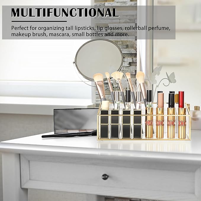 ELLDOO Rollerball Perfume Organizer, 24 Acrylic Spaces Glod Glass Perfume Storage Holder Beauty Scent Holder, Makeup Lipgloss Lipstick Display Case