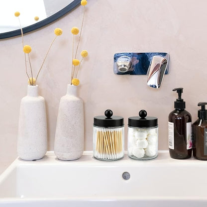 4 Pack Glass Apothecary Jars with Lids for Bathroom, Cute Qtip Holder, Black Bathroom Accessories Set, Small Bathroom Canisters with Lids for Q-Tips, Cotton Swabs, Black Bathhouses Decor