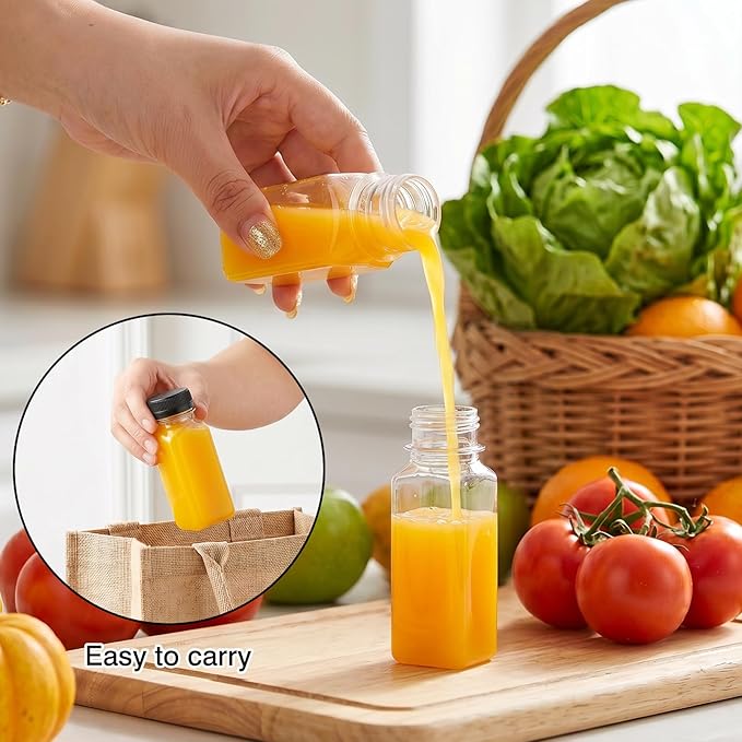 SUPERLELE 20pcs 2oz Plastic Shot Juice Bottles with Caps, Ginger Shot Bottles Reusable Clear Bulk Beverage Containers for Juice, Milk and Other Beverages