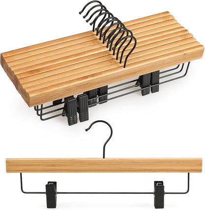 TOPIA HANGER Pants Hangers 10 Pack, Bamboo Clothes Hangers with Black Clips and Rotatable Hook, Durable Natural Wooden Hangers for Skirts, Pants, Jeans, Shorts - CTS04