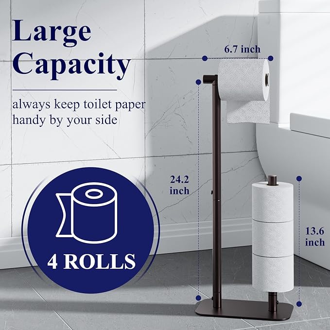 Kitsure Toilet Paper Holder Free Standing - Large Capacity Toilet Paper Holder for 4 Rolls, Rustproof Toilet Paper Stand with Non-Slip Stable Base, Brown, Medium