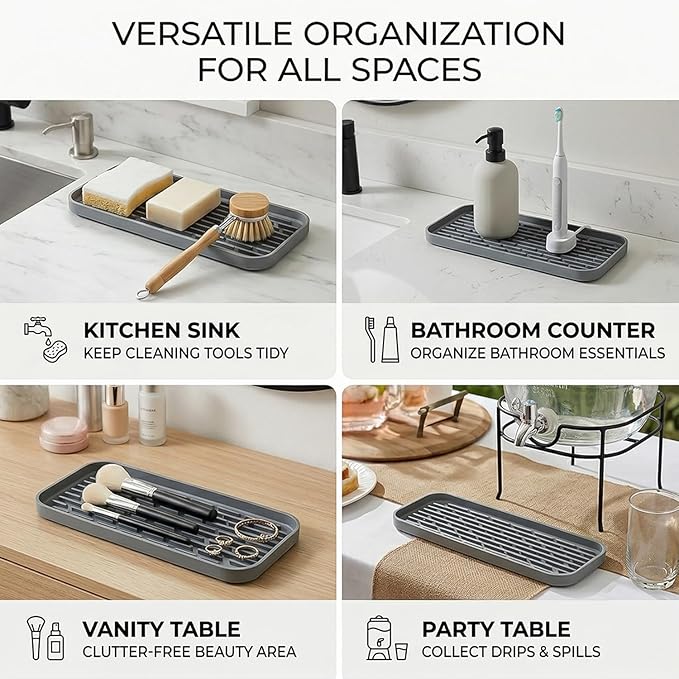 Silicone Organizer Tray, Soap and Sponge Holder for Kitchen Sink, Bathroom - Storage Tray for Dish Brush, Soap Dispenser, Dishwashing Accessories-(Gray 1 Pack, 12"x4.7")