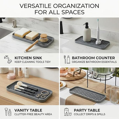 Silicone Organizer Tray, Soap and Sponge Holder for Kitchen Sink, Bathroom - Storage Tray for Dish Brush, Soap Dispenser, Dishwashing Accessories-(Gray 1 Pack, 12"x4.7")