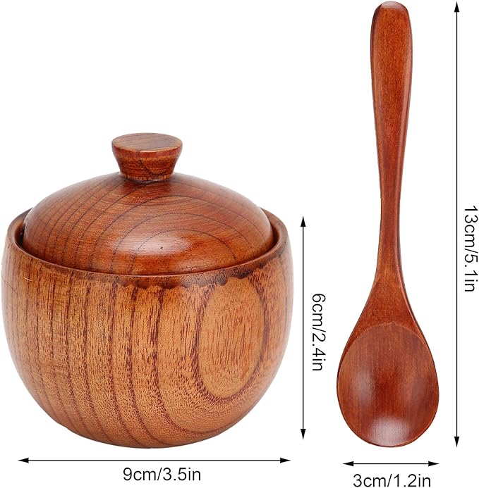Wood Salt Cellar with Lid and Spoon, Wood Salt Container Box Small Spice Containers for Storing Seasonings, 3.5x2.4 Inches